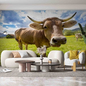 Cattle Head Wallpaper, Cow Wall Decor, Farmhouse Wall Art, Removable Wall Paper, Funny Animal Wallpaper, Custom Wall Paper, Accent Wall,