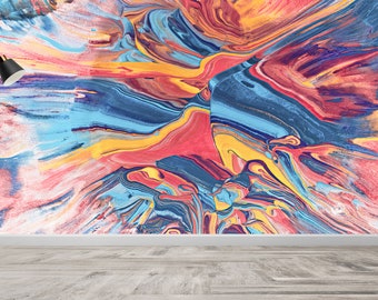 May include: Abstract art mural with a vibrant mix of colors including red, blue, yellow, and orange. The artwork is displayed on a wall, complemented by a black floor lamp with a black lampshade. The floor is light gray.