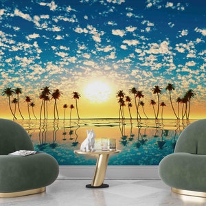 Wallpaper By The Yard, View Wallpaper, Tropical Wall Mural, Sunrise on the Beach Paper Art, Coastal Wall Decals, 3D Papercraft,