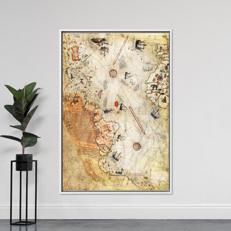 Trendy Canvas Print, Boho Wall Decor Glass Wall, Piri Reis Map Canvas, Map Glass, Antique Map Glass Art, Gift For The Home Art Glass, WHITE FRAMED CANVAS