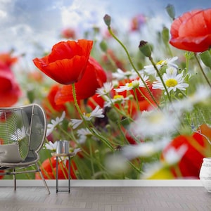 Poppy Flower Wall Painting, Floral Wall Paper, Farmhouse Wall Art, Red Poppies Wall Mural, Do It Yourself, Removable Wall Paper, Home Decor,