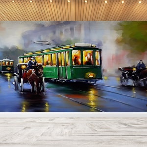 3D Printing Art, 3D Papercraft, Wallpaper Border, Gift For Her, Green Tram Painting Wall Decor, City Wall Decor, Landscape Wall Decor,