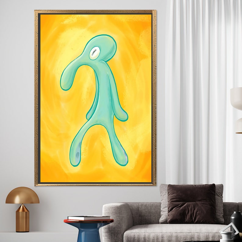 Modern Wall Art, Bold And Brash Tempered Glass, Squidward Painting Print, Squidward Glass, Gift For Him Art Canvas, Yellow Wall Art, GOLD FRAMED CANVAS