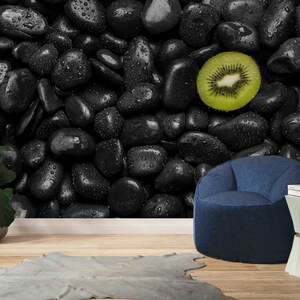 Stone Fruit Kiwi Wall Print, Kivi Wallpaper, Black Paper Craft, Modern Wall Art, 3D Wall Mural, Trendy Wall Decor, Self Adhesive Paper,