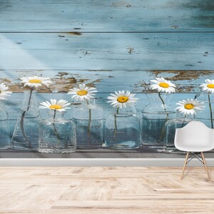 Custom Wall Paper, Wallpaper Art, Wall Decorations, Gift For Her, Daisy Flower In Glass Bottles Wall Paper, Daisy Lover Gift Wall Decor,