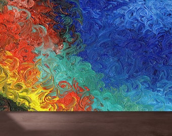 May include: Abstract painting with swirling brushstrokes in shades of green, blue, yellow, orange, and red. The colors transition from dark green to bright yellow, then to orange and red, and finally to blue. The painting is displayed on a dark brown surface.