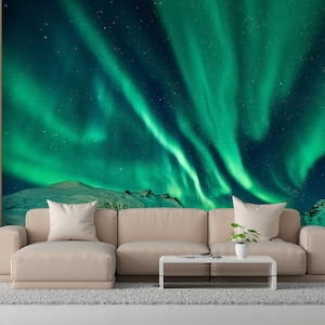 Bright Wall Paper, Peel And Stick Wallpaper, 3D Wall Mural, Gift Wallpaper, Aurora Landscape Digital Paper, Sky View Wall Print,