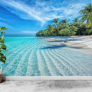 Landscape Wallpaper, Sea Mural, Wall Decorations, Gift For House, Layered Paper Art, Tropical Ocean Wall Print,