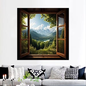Window Landscape Painted Glass, View Glass Art, Modern Art, Window Frame Art Canvas, Rustic Window Print Glass Art, Canvas Wall Art,