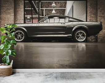 Classic Car Wallpaper – Black Muscle Car Garage Mural for Auto Enthusiasts