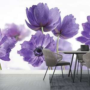 Purple Floral Wallpaper – Elegant Flower Wall Mural for Bedroom or Dining Room