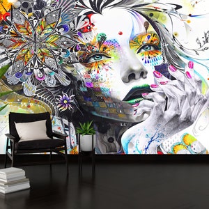 Abstract Woman Art, Woman Portrait Wall Paper, Colorful Woman Wall Art, Woman Face Wall Paper, Woman Portrait Paper Art, Modern Wallpaper,