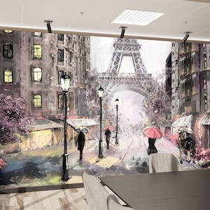 Modern Wall Decor, Eiffel Wallpaper, Paper Wall Art, Girl Room Wallpaper, Accent Wall, Woman With Pink Umbrella and Eiffel Painting Wall Art