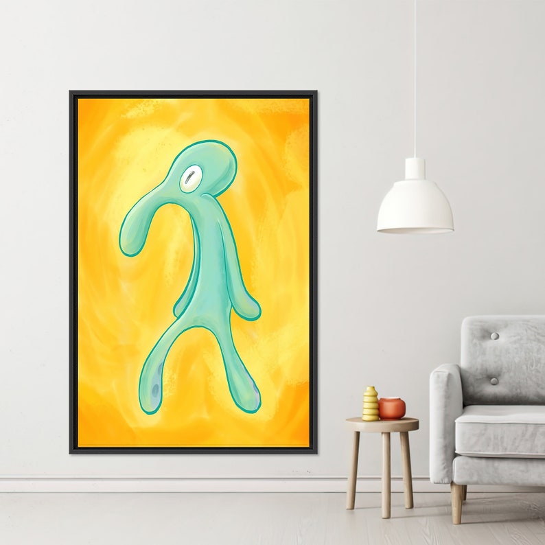 Modern Wall Art, Bold And Brash Tempered Glass, Squidward Painting Print, Squidward Glass, Gift For Him Art Canvas, Yellow Wall Art, BLACK FRAMED CANVAS