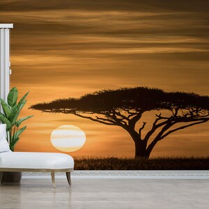 Vinyl Wallpaper, Wall Decorations, Wallpaper Border, Serengeti Sunrise Landscape Wallpaper, 3D Walpaper, Acacia Tree Wallpaper, Peel Stick,