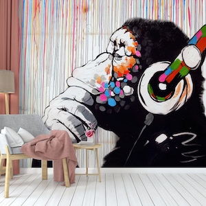 Wallpaper Border, Graffiti Monkey Wall Decor, Wall Art Decor, Modern Wall Paper, Street Wallpaper, Banksy Thinking Monkey Wall Paper,