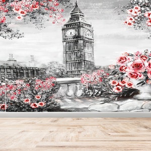 Flower Wallpaper, London Landscape Wall Stickers, London Tower Wall Painting, Floral Wallpaper, Landscape Wall Mural, Self Adhesive Paper,