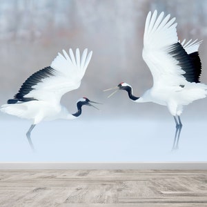 3D Paper Art, Farmhouse Wallpaper, Wall Decoration, Gift For Him, Dancing Cranes Wall Decals, Dancing Birds Wall Print, 3D Wall Paper,