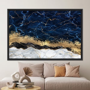 Navy Blue Marble Tempered Glass Wall Art: Modern Abstract Decor