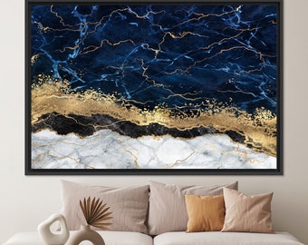 Navy Blue Marble Tempered Glass Wall Art: Modern Abstract Decor