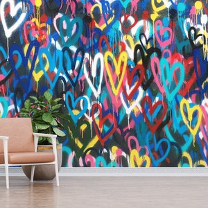 Painting Wall Decor, Custom Wall Paper, Banksy Love Hearts Wall Print, Wallpaper Patent, Wall Covering, Banksy Wallpaper, Colorful Wallpaper