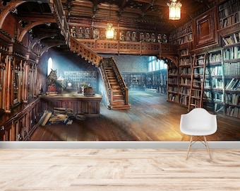 Library Photo Wall Paper, Accent Wall, Library Wall Mural, Papercraft 3D, Wallpaper, Modern Wall Decor, Wall Painting, Office Wallpaper,