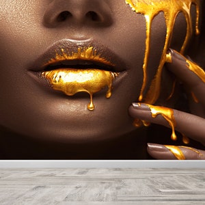 Ethnic Wall Mural, Papercraft 3D, Modern Wall Paper, Black Woman Wallpaper, Wall Poster, African Woman Gold Lip Wall Art, Luxury Wallpaper,