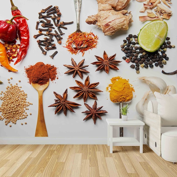 Medicinal Herbs Art, Spices Wallpaper, Kitchen Wall Decor, Food Wall Paper, Modern Wall Decals, 3D Wall Decor, Indian Spices Wall Mural,