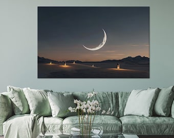 Islamic Moon Wall Art Glass, Muslim Home Decor Glass Wall, Islamic Art Wall Hanging, Modern Canvas Art, Minimalist Wall Art,