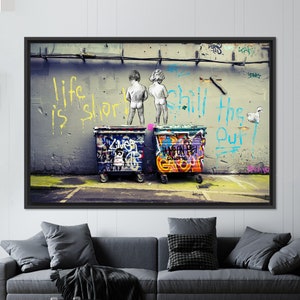 Banksy Graffiti Art: Life Is Short, Tempered Glass Wall Decor BLACK FRAMED CANVAS
