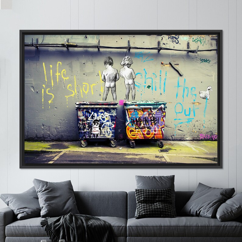 Banksy Graffiti Art: Life Is Short, Tempered Glass Wall Decor BLACK FRAMED CANVAS