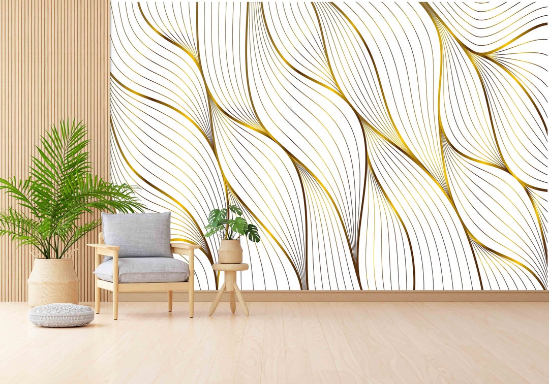 Golden Striped Wall Paper, Gold Digital Paper, Gold and White Mural, 3D