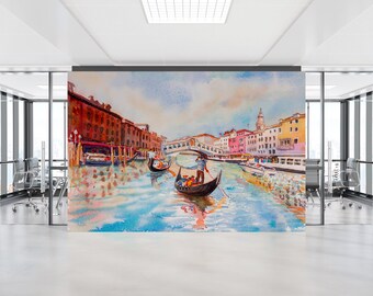 May include: A watercolor painting of a gondola in a canal in Venice, Italy. The gondola is being rowed by a gondolier, and there are buildings and a bridge in the background.