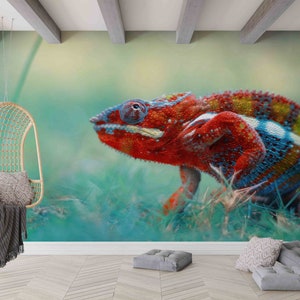 Chameleon Wallpaper, Colorful Reptilian Art, Animal Wall Decor, 3D Origami, Modern Wallpaper, Printable Wall Art, Self Adhesive Paper,