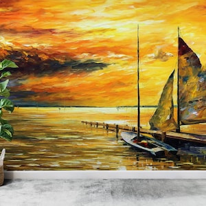 Sea Landscape Painting Wall Paper, Sunset Wall Art, Sea Wallpaper, Abstract Wall Art Decor, View Wall Decals, Wall Art Decor, 3D Wall Mural,