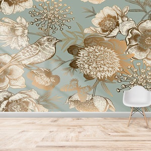 Golden Wallpaper, Floral Wallpaper, Golden Bird and Flowers Wallpaper, Wallpaper Art, Paper Crafts, Wall Covering, Luxury Wallpaper,