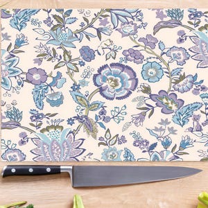 Tile Pattern Chopping Board, Floral Cutting Board, Purple And Blue Flowers Serving Board, Botanical Chopping Board, Mother&#39;s Day Gift,