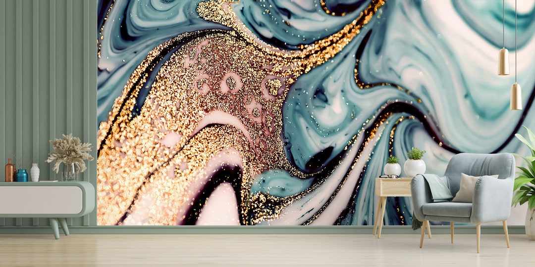 Blue and Gold Marble Wallpaper Mural: Layered Paper Art - Etsy