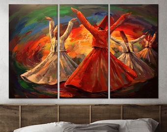 May include: A colorful painting of four people in white and red robes, spinning in a whirling dance. The background is a vibrant mix of colors, including green, blue, yellow, and orange.