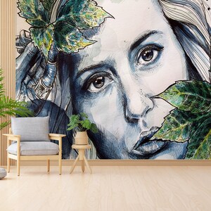 Floral Woman Wallpaper, Green Wallpaper, Woman Face Wall Art, Wall Painting, Modern Wall Paper, Woman Wall Print, Wallpaper Art, Paper Art