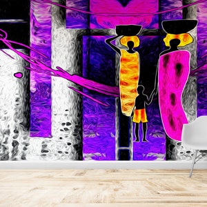 African Family Wallpaper, African People Wall Stickers, Abstract Wall Stickers, African Woman Wall Decor, Purple Wall Paper, Home Decor,