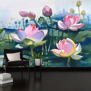 Lotus Wall Art, Abstract Flower Wall Mural, Botanical Wall Stickers, Lotus Flower Mural, Floral Wall Paper, Art Deco Wallpaper,