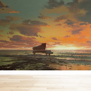 3D Wall Mural, Accent Wall, Paper Anniversary, Gift Wallpaper, Piano On The Beach Wallpaper, Sunset Wall Stickers, Landscape Paper Craft,
