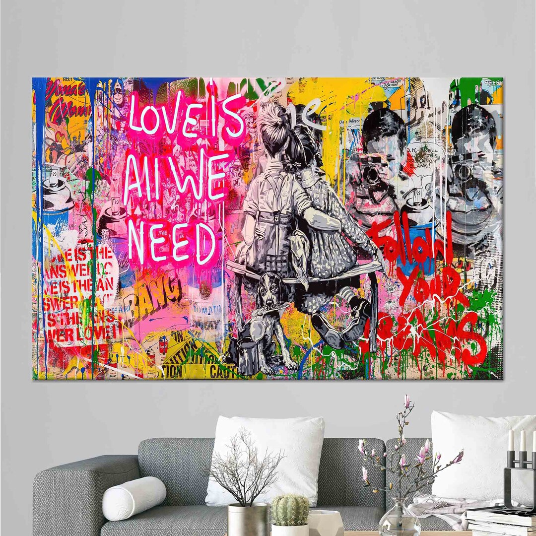 Love is All We Need Wall Art, Banksy Painted Glass, Graffiti Wall Table, Banksy Wall Art, Large