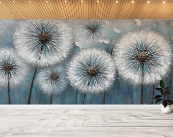 May include: A blue and white abstract painting featuring multiple dandelion flowers with white fluffy seeds. The painting is on a canvas and is framed in a white frame.