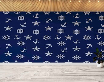 May include: A navy blue wallpaper with a repeating pattern of white anchors, stars, and ship wheels.