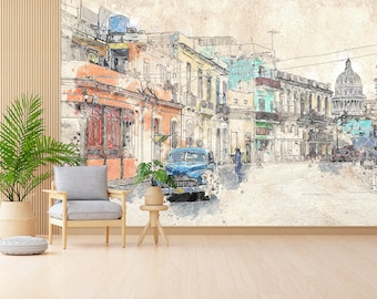 May include: A watercolour painting of a street scene in a city with colourful buildings, a blue car, and a large building in the background.