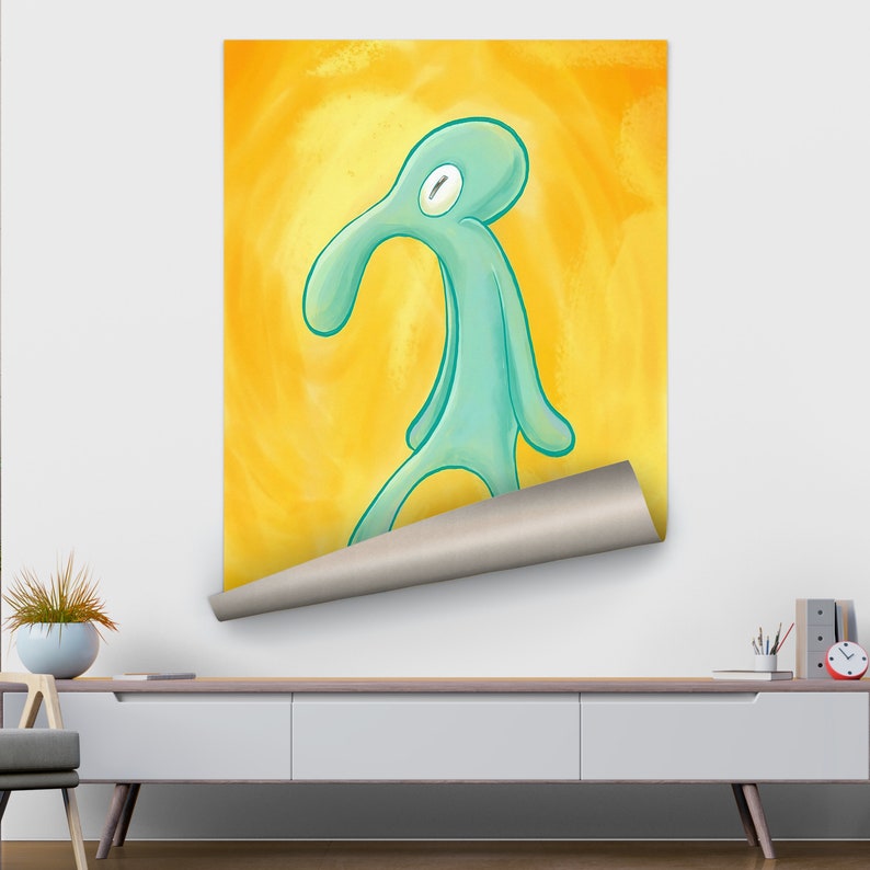 Modern Wall Art, Bold And Brash Tempered Glass, Squidward Painting Print, Squidward Glass, Gift For Him Art Canvas, Yellow Wall Art, ROLLED CANVAS