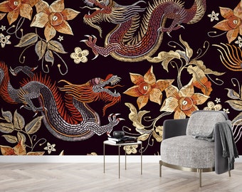 Asian Dragon Pattern Wall Paper, Decals For Walls, Modern Wall Art, Wallpaper, Accent Wall, Japanese Pattern Mural, Paper Craft Wall Paper,