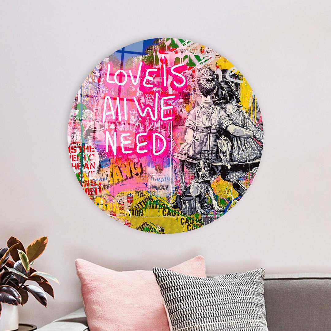 Love is All We Need Wall Art, Banksy Painted Glass, Graffiti Wall Table, Banksy Wall Art, Large